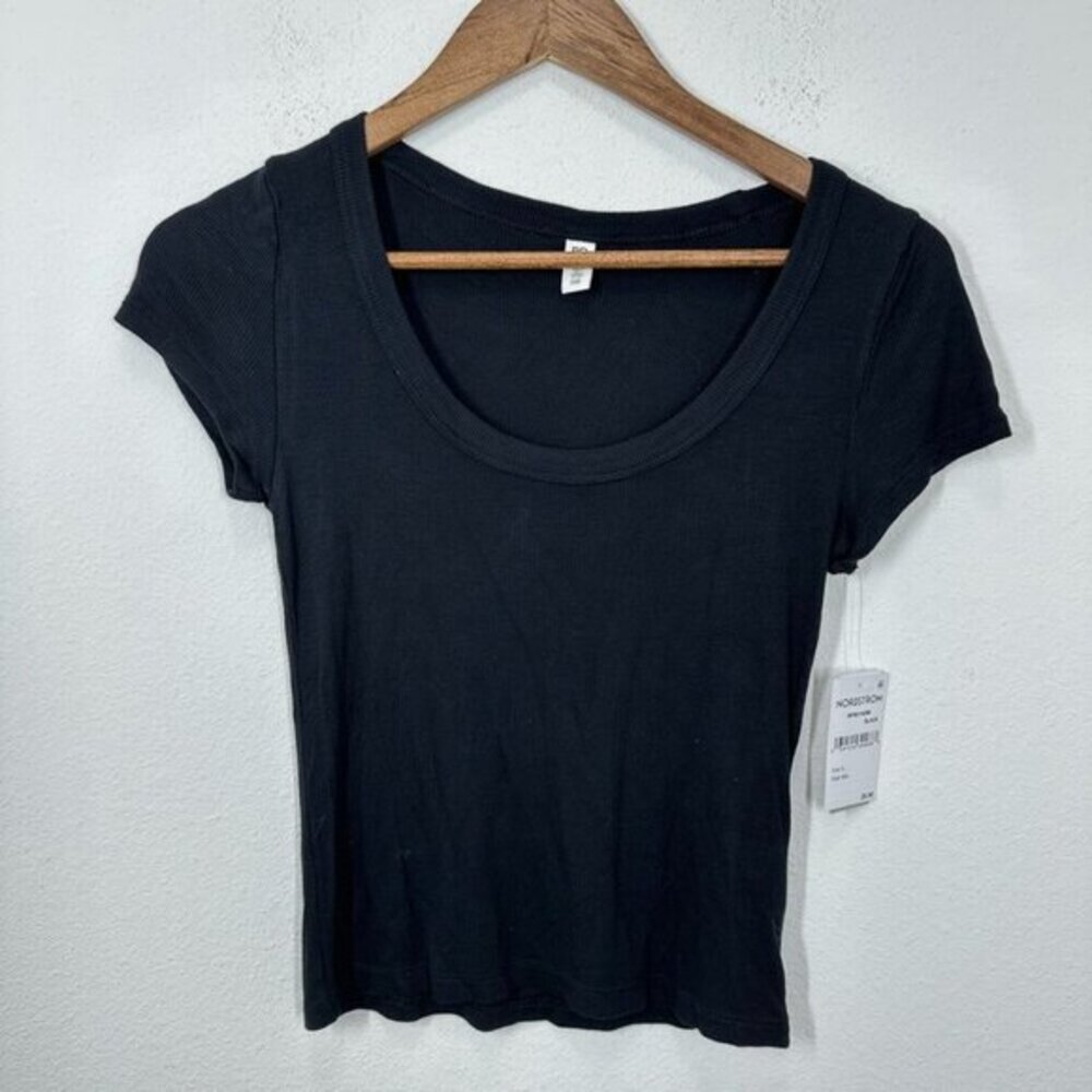 bp Nordstrom Women's Black Scoop Neck Cropped Ribbed Casual Everyday Tee Shirt